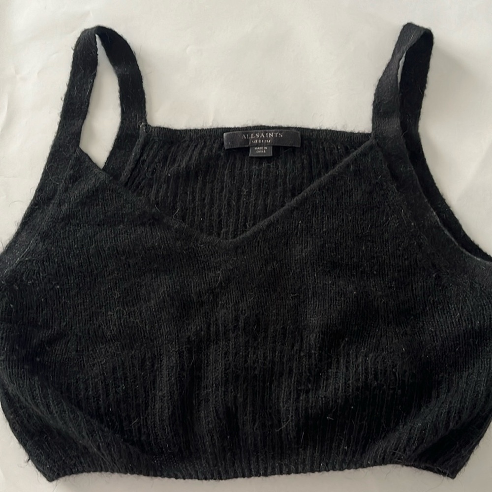All Saints Leanne Crop Top Size M Black Wool Alpaca V Neck Sleeveless